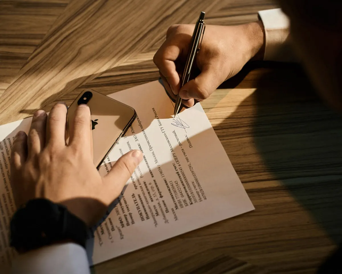 A person filling out a paper form at a desk